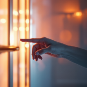 A hand pushing a door open towards warm light, illustration for the Dare to dare keynote