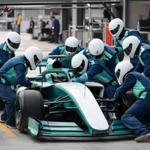 Formula 1 car surrounded by its pit crew, illustration for the Ready to go! keynote