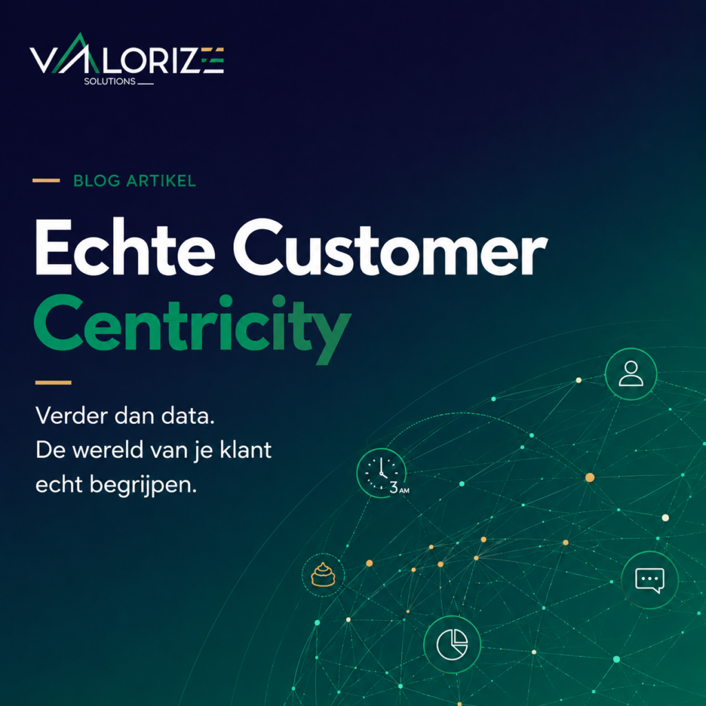 Blogvisual van Valorize Solutions over echte customer centricity, met een abstract netwerk van klantinzichten, data, communicatie en een 3 uur-moment als symbool voor echte klantkennis.