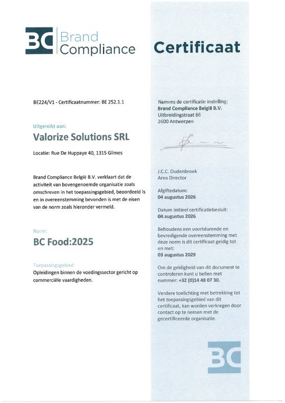 Certificat BC Food BE 252.1.1 de Valorize Solutions