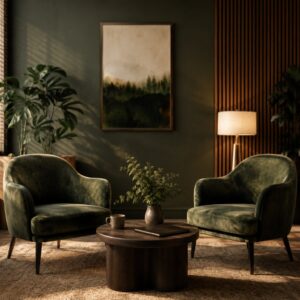 Two armchairs facing each other in a warm sitting room, illustration for the Elevate the conversation keynote