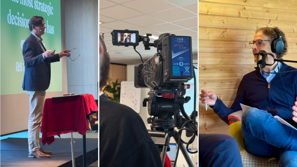 Mathieu Swine on stage for the Magic & Sales keynote, a video learning film camera and Vincent Flament at the microphone of the Valorize Solutions Insights podcast.