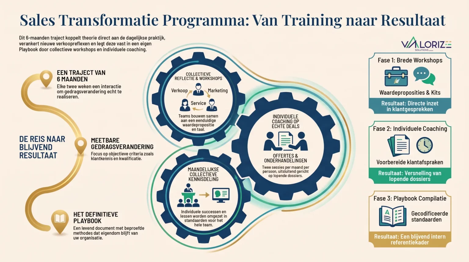 Infographic van het Sales Transformation Program: een traject van 6 maanden dat collectieve workshops, individuele coaching op echte deals en maandelijkse kennisdeling combineert tot een eigen playbook.