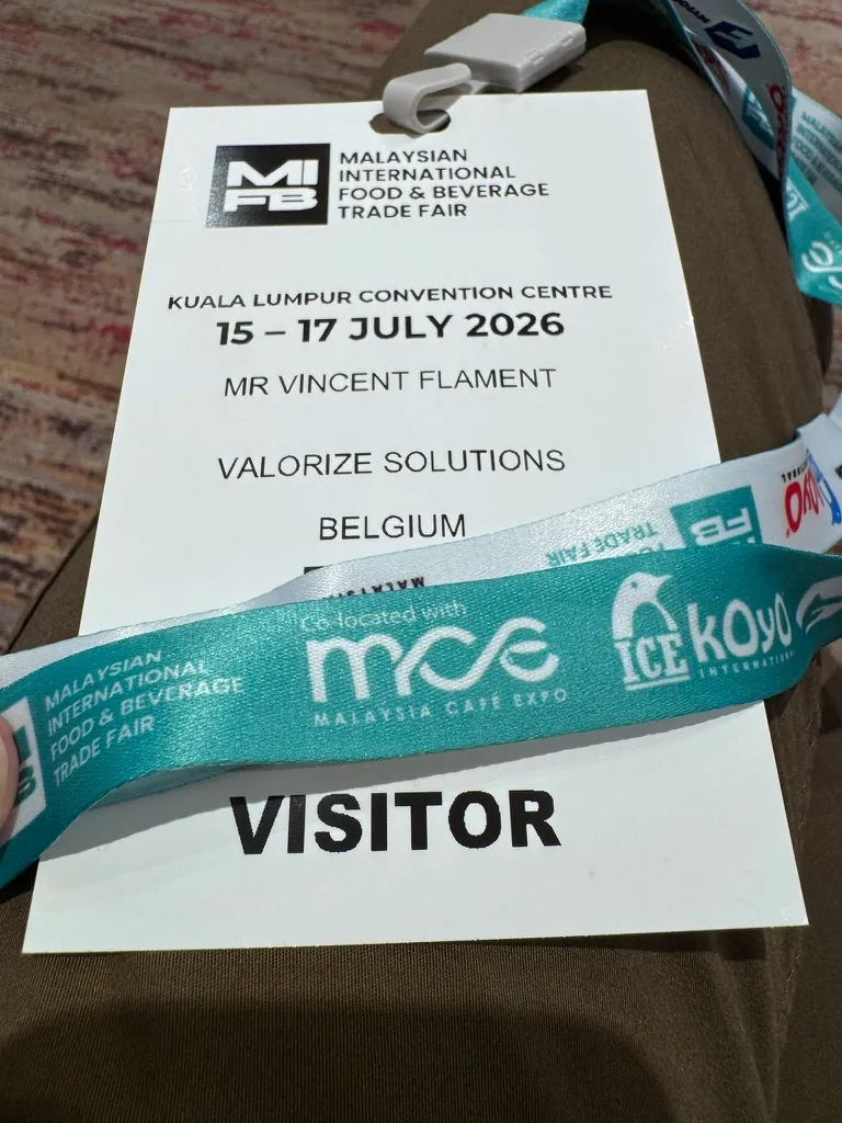 Visitor badge of Vincent Flament, Valorize Solutions, Belgium, at the Malaysian International Food & Beverage Trade Fair in Kuala Lumpur.