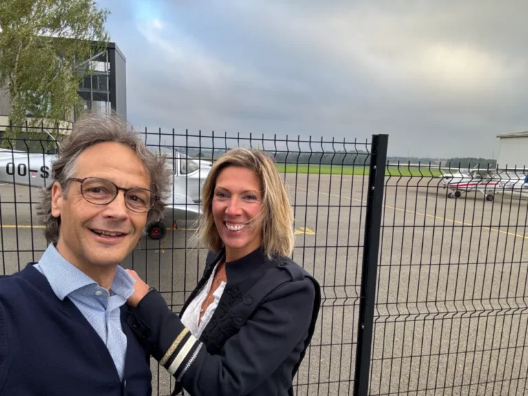Vincent Flament (left) and Ethel Druart (right) of Valorize Solutions at an airfield, ready to get a client’s prospecting off the ground with a Business Boost prospect management programme.