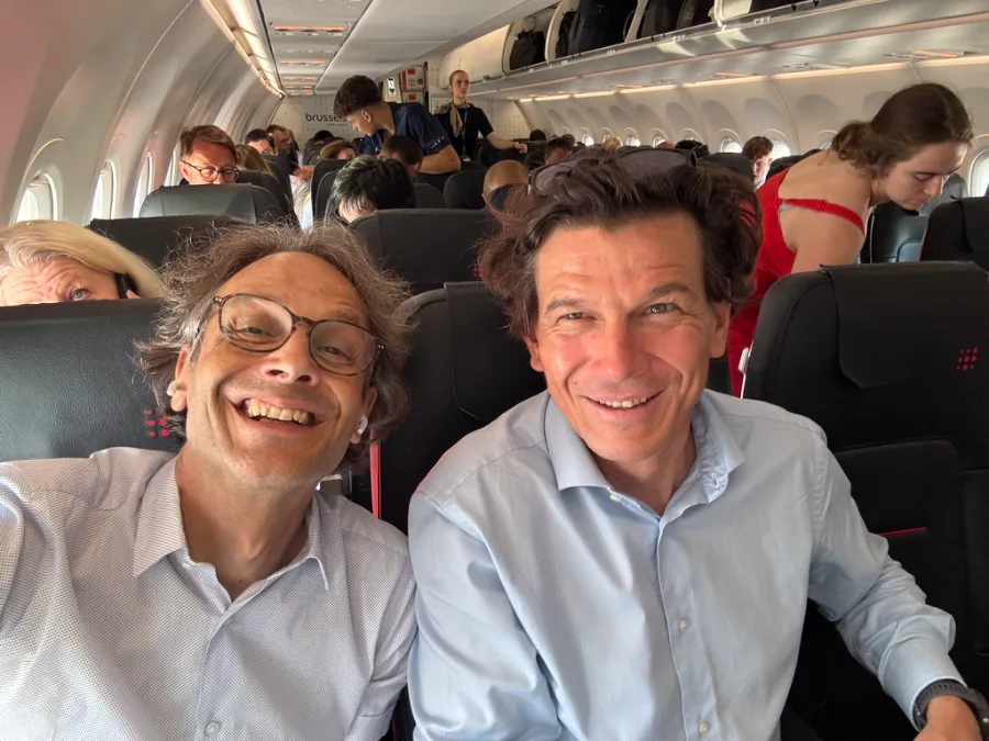 Vincent Flament and Mathieu Swine of Valorize Solutions, on a plane to client meetings.
