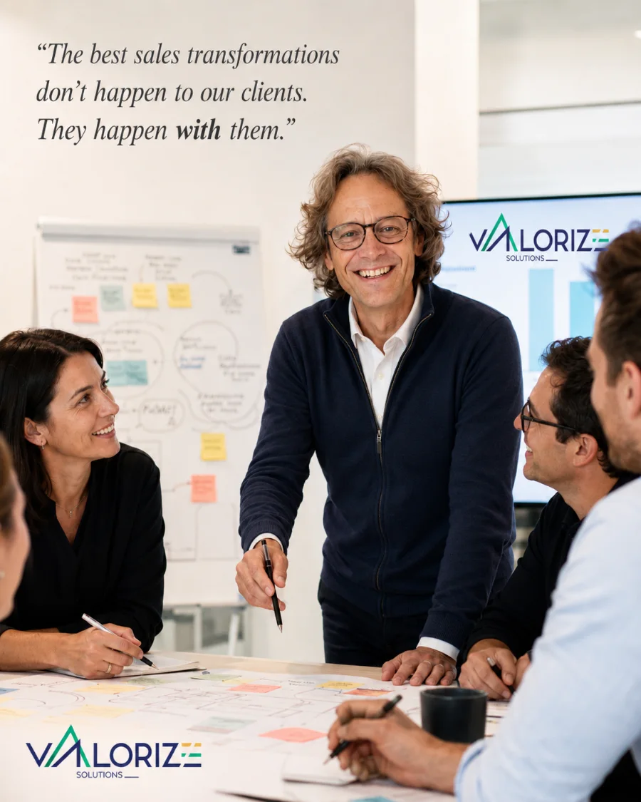 Vincent Flament, oprichter van Valorize Solutions, leidt een workshop van het Sales Transformation Program met een verkoopteam.