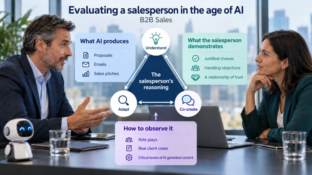 Diagram: evaluating a salesperson in the age of AI. At the centre, the salesperson's reasoning (understand, adapt, co-create), between what AI produces and what the salesperson demonstrates, during a client meeting.